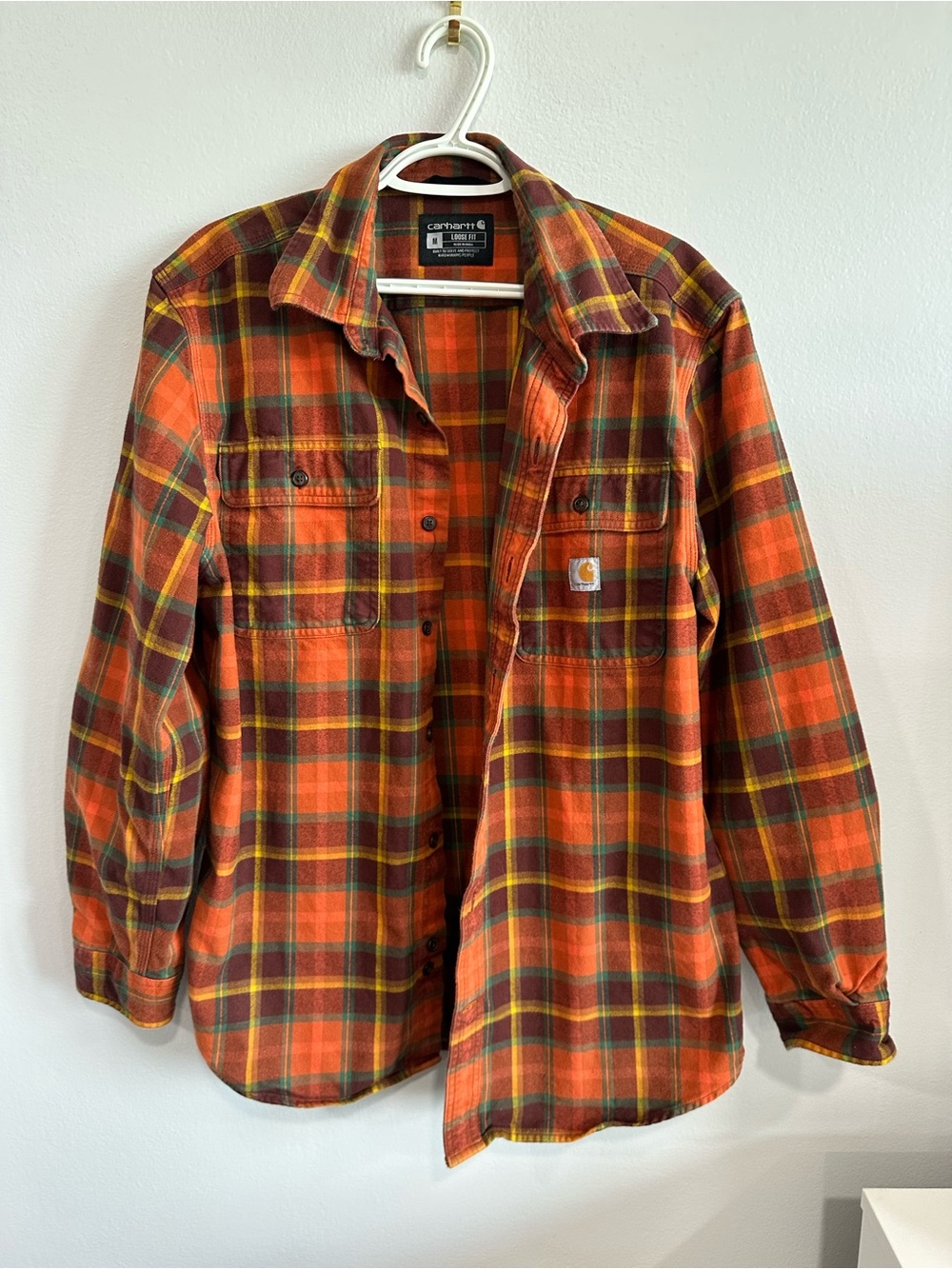 Carhartt Loose Fit Plaid Flannel Shirt Men’s Medium Orange Brown 100% Cotton